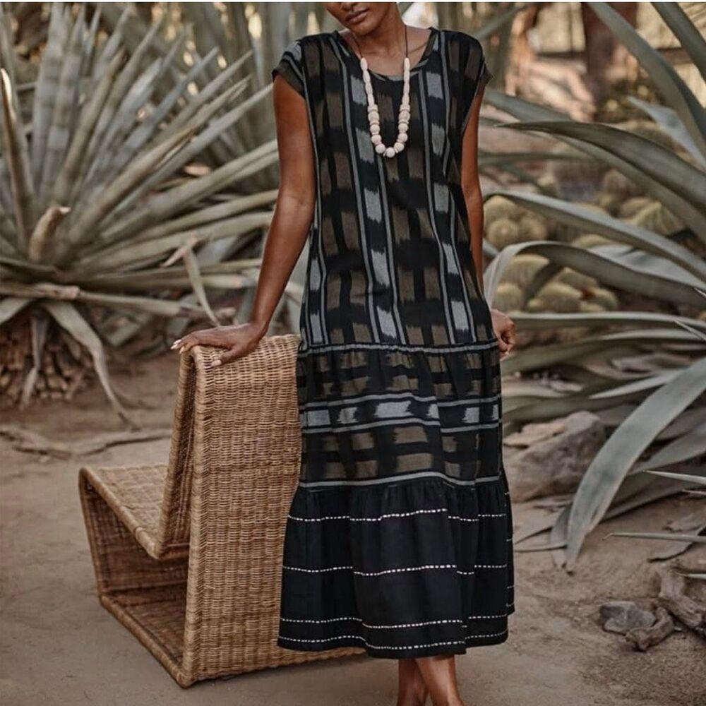 J Jill PureJill Ikat Dress Black Multi Midi Boho Cotton NWT 2X
